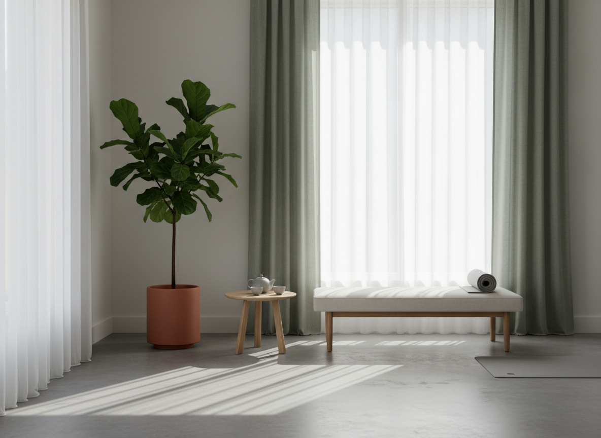 Lugnt minimalistiskt rum med mjukt naturligt ljus och en grön växt