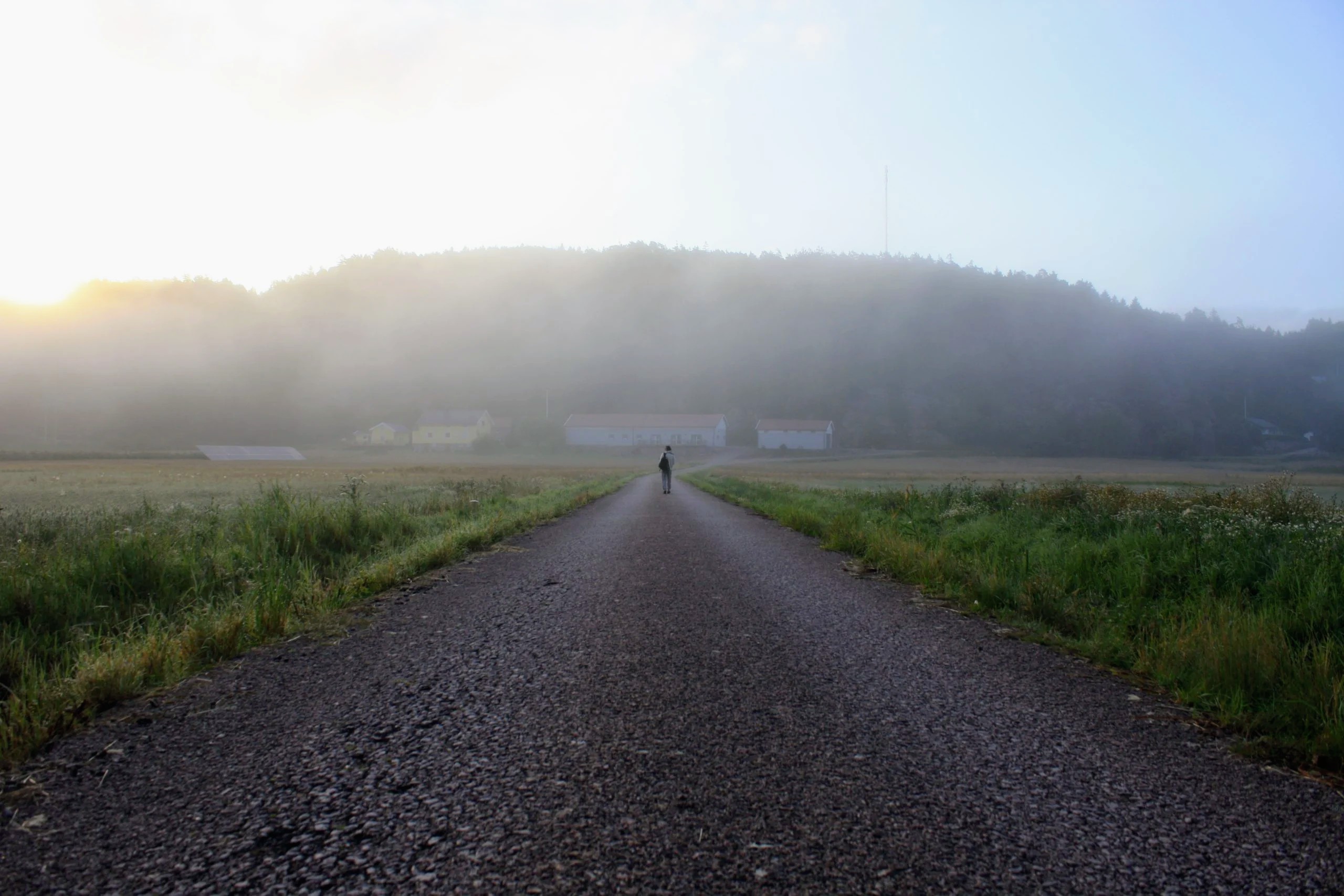 Person walking on a misty road through fields at sunrise with forested hills in the background